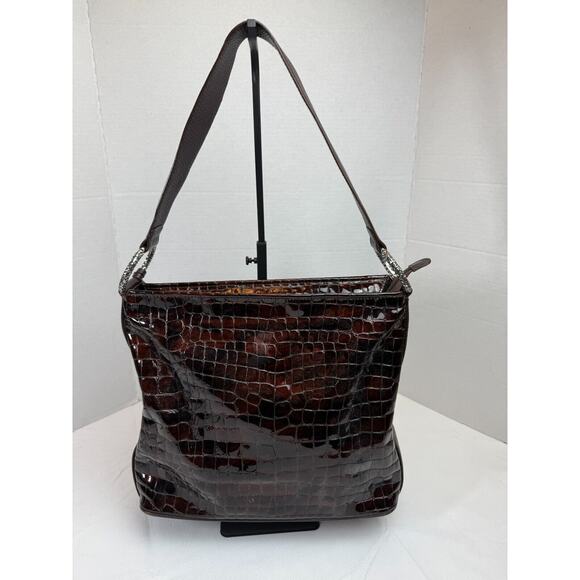Brighton Cher Brown Patent Croco Embossed Leather Shoulder Bag Purse Tote